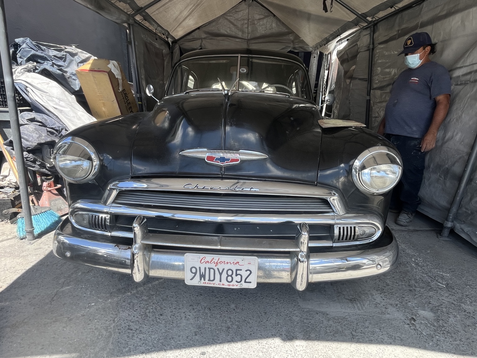 Black classic Chevrolet in AB’s shop
